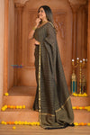 Shubh Lakshmi ~ Handloom Pure Mysore Silk Crepe Crushed Saree in Black and Gold (Silk Mark Certified) - verymuchindian.com