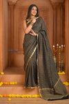 Shubh Lakshmi ~ Handloom Pure Mysore Silk Crepe Crushed Saree in Black and Gold (Silk Mark Certified) - verymuchindian.com