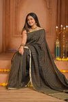 Shubh Lakshmi ~ Handloom Pure Mysore Silk Crepe Crushed Saree in Black and Gold (Silk Mark Certified) - verymuchindian.com