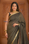 Shubh Lakshmi ~ Handloom Pure Mysore Silk Crepe Crushed Saree in Black and Gold (Silk Mark Certified) - verymuchindian.com