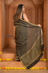 Shubh Lakshmi ~ Handloom Pure Mysore Silk Crepe Crushed Saree in Black and Gold (Silk Mark Certified) - verymuchindian.com