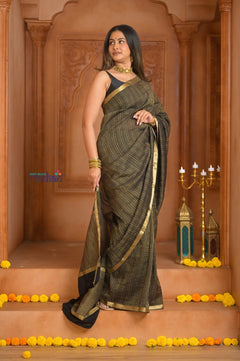 Shubh Lakshmi ~ Handloom Pure Mysore Silk Crepe Crushed Saree in Black and Gold (Silk Mark Certified) - verymuchindian.com