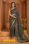 Shubh Lakshmi ~ Handloom Pure Mysore Silk Crepe Crushed Saree in Black and Gold (Silk Mark Certified) - verymuchindian.com