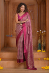 Shubh Lakshmi ~ Handloom Pure Mysore Silk Crepe Crushed Saree in Mauve and Pink (Silk Mark Certified) - verymuchindian.com