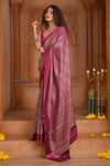 Shubh Lakshmi ~ Handloom Pure Mysore Silk Crepe Crushed Saree in Mauve and Pink (Silk Mark Certified) - verymuchindian.com