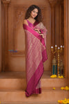Shubh Lakshmi ~ Handloom Pure Mysore Silk Crepe Crushed Saree in Mauve and Pink (Silk Mark Certified) - verymuchindian.com