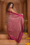 Shubh Lakshmi ~ Handloom Pure Mysore Silk Crepe Crushed Saree in Mauve and Pink (Silk Mark Certified) - verymuchindian.com