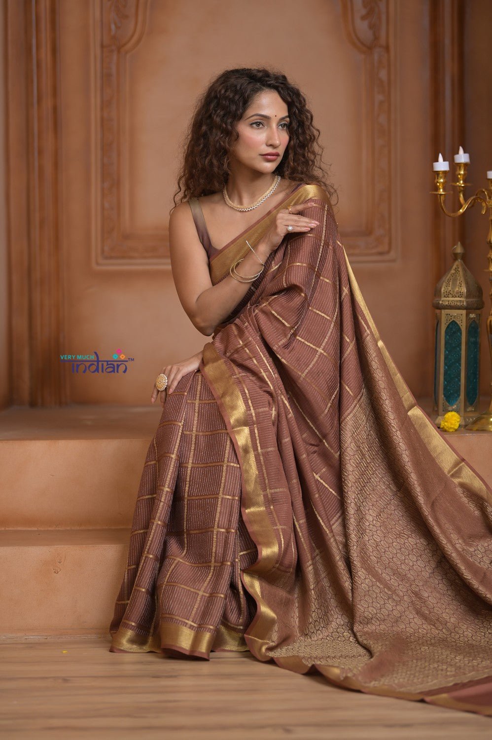 Shubh Lakshmi ~ Handloom Pure Mysore Silk Crepe Crushed Saree in Slaked Brown (Silk Mark Certified) - verymuchindian.com