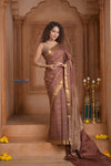 Shubh Lakshmi ~ Handloom Pure Mysore Silk Crepe Crushed Saree in Slaked Brown (Silk Mark Certified) - verymuchindian.com