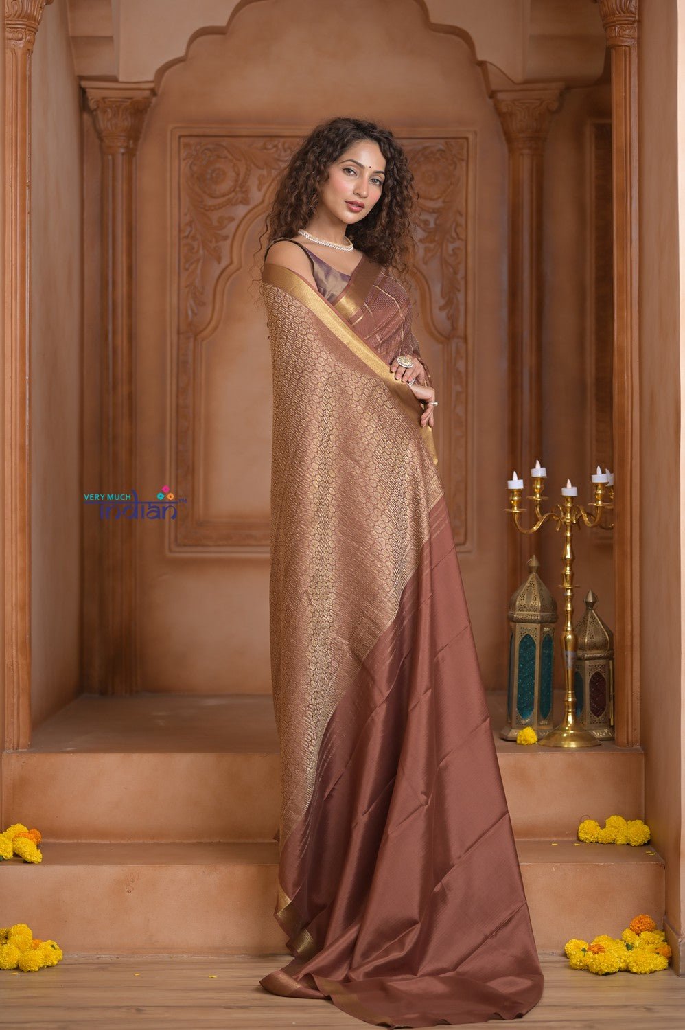 Shubh Lakshmi ~ Handloom Pure Mysore Silk Crepe Crushed Saree in Slaked Brown (Silk Mark Certified) - verymuchindian.com