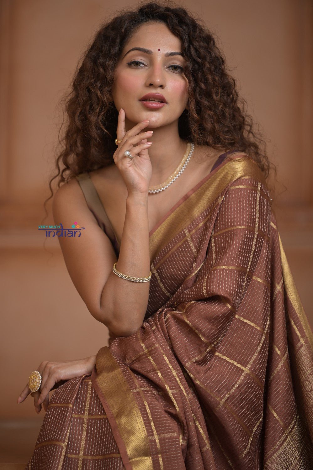 Shubh Lakshmi ~ Handloom Pure Mysore Silk Crepe Crushed Saree in Slaked Brown (Silk Mark Certified) - verymuchindian.com