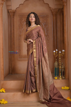 Shubh Lakshmi ~ Handloom Pure Mysore Silk Crepe Crushed Saree in Slaked Brown (Silk Mark Certified) - verymuchindian.com