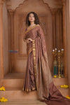 Shubh Lakshmi ~ Handloom Pure Mysore Silk Crepe Crushed Saree in Slaked Brown (Silk Mark Certified) - verymuchindian.com