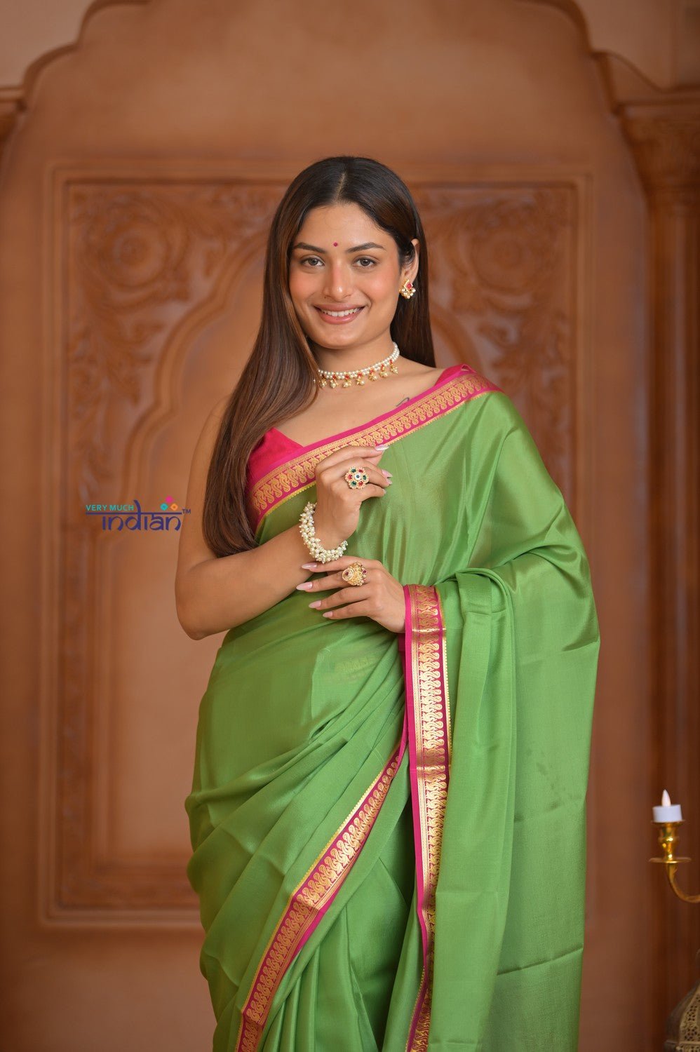 Shubh Lakshmi ~ Handloom Pure Mysore Silk Crepe in Grass Green and Pink (Silk Mark Certified) - verymuchindian.com