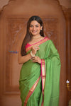 Shubh Lakshmi ~ Handloom Pure Mysore Silk Crepe in Grass Green and Pink (Silk Mark Certified) - verymuchindian.com