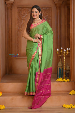 Shubh Lakshmi ~ Handloom Pure Mysore Silk Crepe in Grass Green and Pink (Silk Mark Certified) - verymuchindian.com
