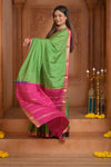 Shubh Lakshmi ~ Handloom Pure Mysore Silk Crepe in Grass Green and Pink (Silk Mark Certified) - verymuchindian.com