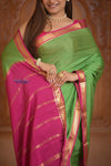 Shubh Lakshmi ~ Handloom Pure Mysore Silk Crepe in Grass Green and Pink (Silk Mark Certified) - verymuchindian.com
