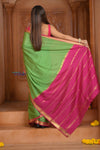 Shubh Lakshmi ~ Handloom Pure Mysore Silk Crepe in Grass Green and Pink (Silk Mark Certified) - verymuchindian.com