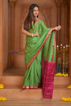 Shubh Lakshmi ~ Handloom Pure Mysore Silk Crepe in Grass Green and Pink (Silk Mark Certified) - verymuchindian.com