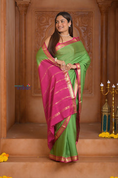 Shubh Lakshmi ~ Handloom Pure Mysore Silk Crepe in Grass Green and Pink (Silk Mark Certified) - verymuchindian.com