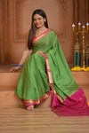 Shubh Lakshmi ~ Handloom Pure Mysore Silk Crepe in Grass Green and Pink (Silk Mark Certified) - verymuchindian.com