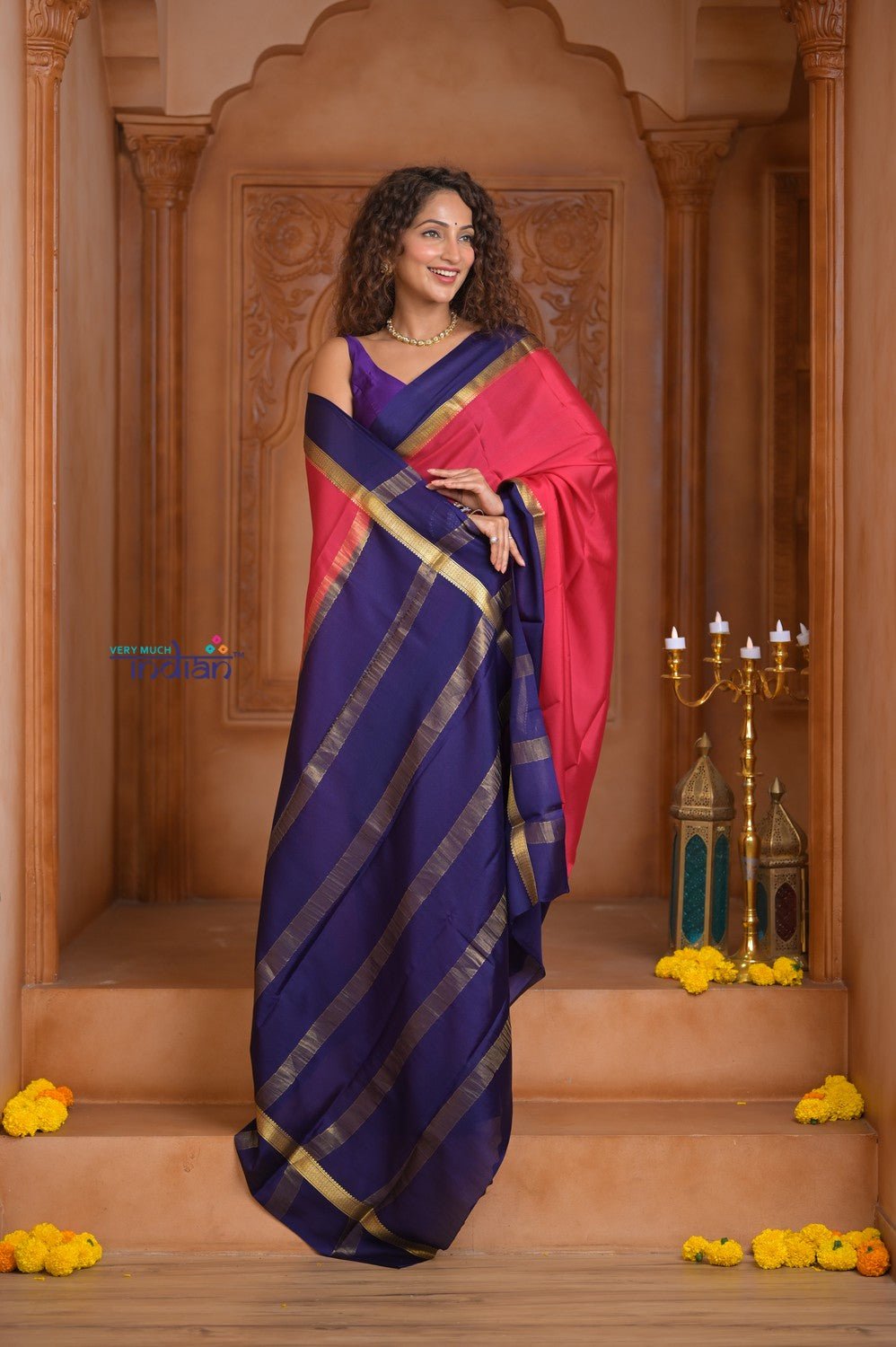 Shubh Lakshmi ~ Handloom Pure Mysore Silk Crepe in Red and Royal Blue (Silk Mark Certified) - verymuchindian.com