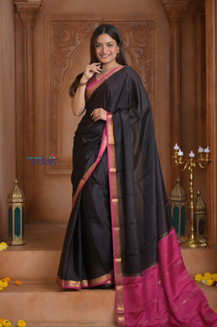 Shubh Lakshmi ~ Handloom Pure Mysore Silk Crepe Saree in Black and Pink (Silk Mark Certified) - verymuchindian.com