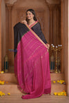 Shubh Lakshmi ~ Handloom Pure Mysore Silk Crepe Saree in Black and Pink (Silk Mark Certified) - verymuchindian.com