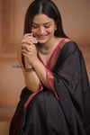 Shubh Lakshmi ~ Handloom Pure Mysore Silk Crepe Saree in Black and Pink (Silk Mark Certified) - verymuchindian.com