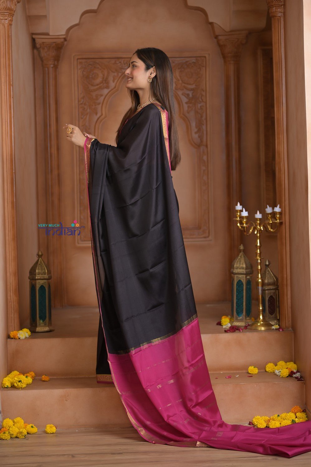 Shubh Lakshmi ~ Handloom Pure Mysore Silk Crepe Saree in Black and Pink (Silk Mark Certified) - verymuchindian.com