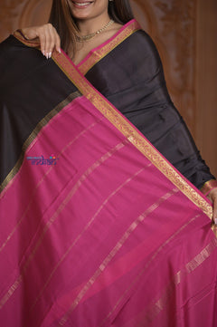 Shubh Lakshmi ~ Handloom Pure Mysore Silk Crepe Saree in Black and Pink (Silk Mark Certified) - verymuchindian.com
