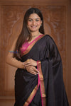 Shubh Lakshmi ~ Handloom Pure Mysore Silk Crepe Saree in Black and Pink (Silk Mark Certified) - verymuchindian.com