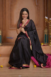 Shubh Lakshmi ~ Handloom Pure Mysore Silk Crepe Saree in Black and Pink (Silk Mark Certified) - verymuchindian.com