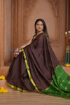 Shubh Lakshmi ~ Handloom Pure Mysore Silk Crepe Saree in Brown and Green (Silk Mark Certified) - verymuchindian.com