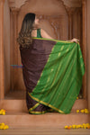 Shubh Lakshmi ~ Handloom Pure Mysore Silk Crepe Saree in Brown and Green (Silk Mark Certified) - verymuchindian.com