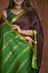 Shubh Lakshmi ~ Handloom Pure Mysore Silk Crepe Saree in Brown and Green (Silk Mark Certified) - verymuchindian.com