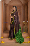 Shubh Lakshmi ~ Handloom Pure Mysore Silk Crepe Saree in Brown and Green (Silk Mark Certified) - verymuchindian.com