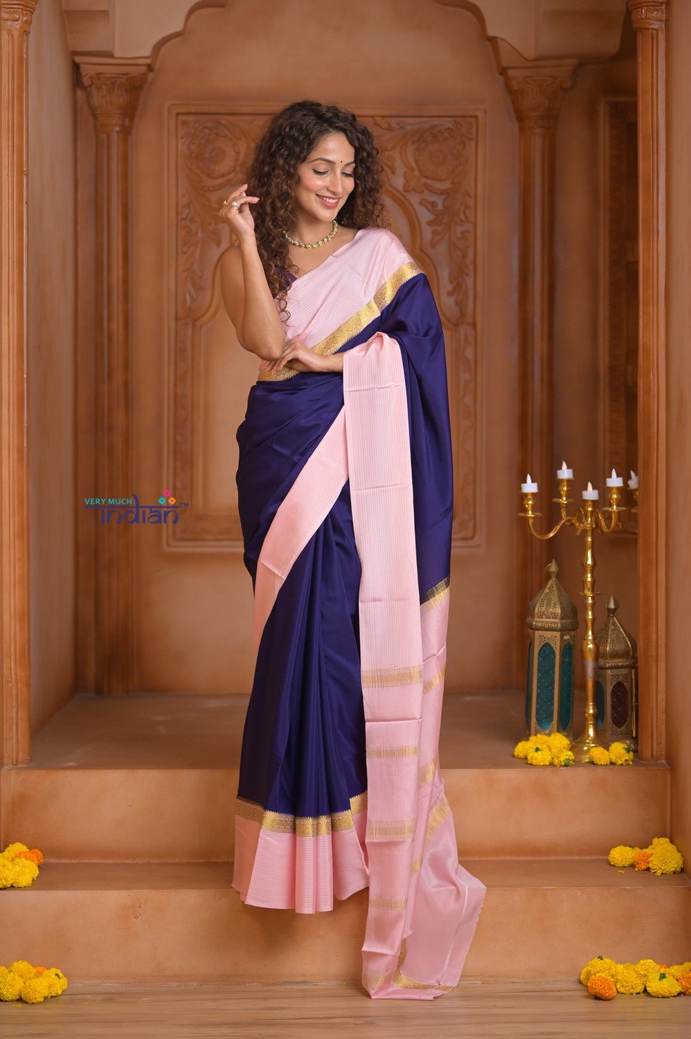 Shubh Lakshmi ~ Handloom Pure Mysore Silk Crepe Saree in Dark Blue and Baby Pink (Silk Mark Certified) - verymuchindian.com