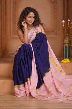 Shubh Lakshmi ~ Handloom Pure Mysore Silk Crepe Saree in Dark Blue and Baby Pink (Silk Mark Certified) - verymuchindian.com
