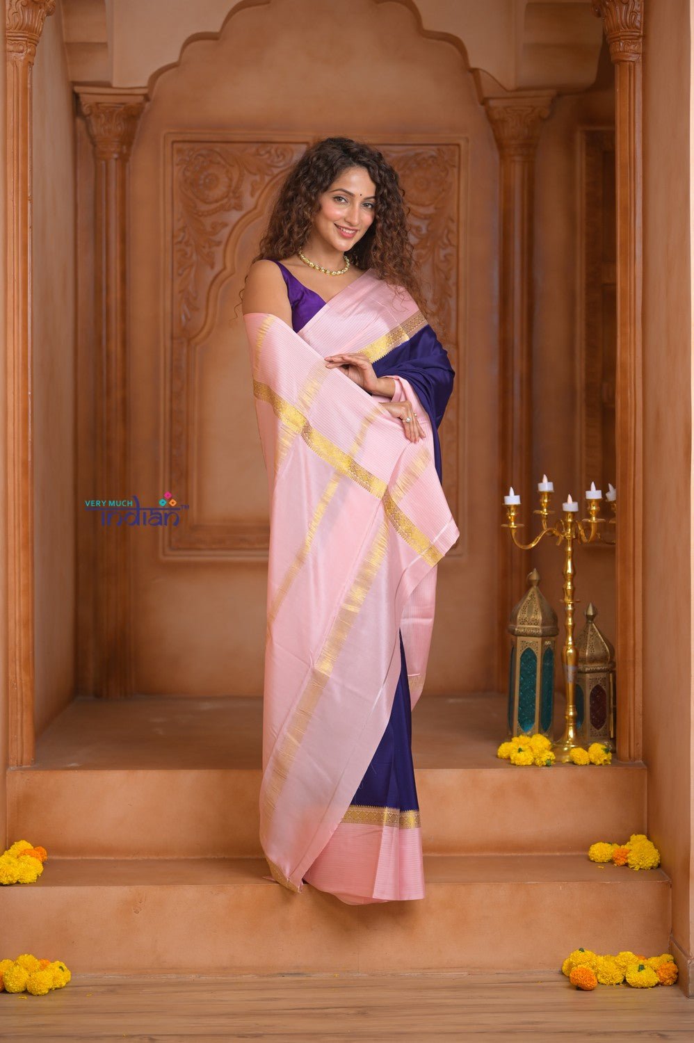 Shubh Lakshmi ~ Handloom Pure Mysore Silk Crepe Saree in Dark Blue and Baby Pink (Silk Mark Certified) - verymuchindian.com