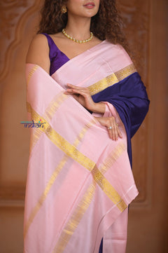 Shubh Lakshmi ~ Handloom Pure Mysore Silk Crepe Saree in Dark Blue and Baby Pink (Silk Mark Certified) - verymuchindian.com