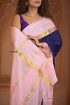 Shubh Lakshmi ~ Handloom Pure Mysore Silk Crepe Saree in Dark Blue and Baby Pink (Silk Mark Certified) - verymuchindian.com
