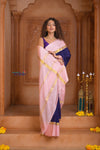 Shubh Lakshmi ~ Handloom Pure Mysore Silk Crepe Saree in Dark Blue and Baby Pink (Silk Mark Certified) - verymuchindian.com