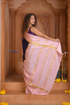 Shubh Lakshmi ~ Handloom Pure Mysore Silk Crepe Saree in Dark Blue and Baby Pink (Silk Mark Certified) - verymuchindian.com