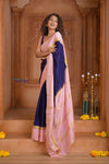 Shubh Lakshmi ~ Handloom Pure Mysore Silk Crepe Saree in Dark Blue and Baby Pink (Silk Mark Certified) - verymuchindian.com