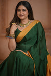 Shubh Lakshmi ~ Handloom Pure Mysore Silk Crepe Saree in Dark Green and Yellow (Silk Mark Certified) - verymuchindian.com
