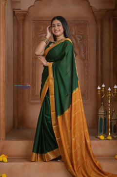 Shubh Lakshmi ~ Handloom Pure Mysore Silk Crepe Saree in Dark Green and Yellow (Silk Mark Certified) - verymuchindian.com
