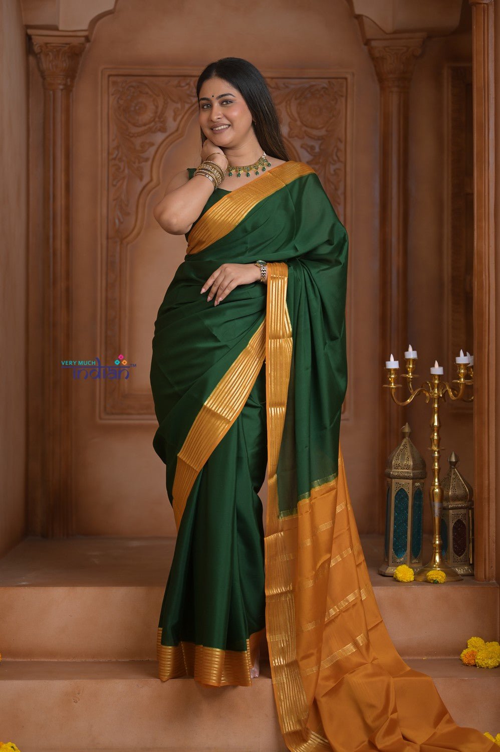 Shubh Lakshmi ~ Handloom Pure Mysore Silk Crepe Saree in Dark Green and Yellow (Silk Mark Certified) - verymuchindian.com