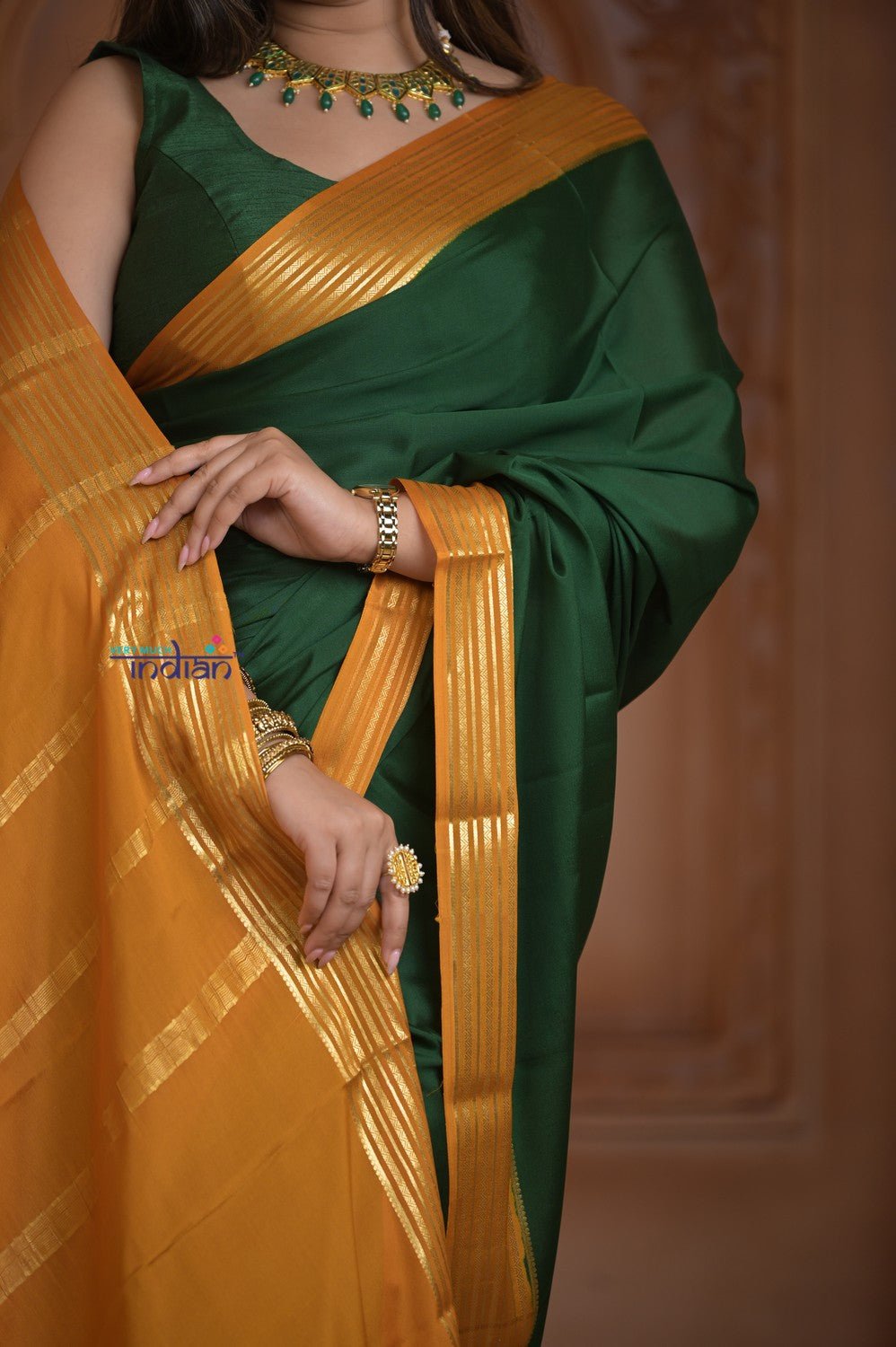 Shubh Lakshmi ~ Handloom Pure Mysore Silk Crepe Saree in Dark Green and Yellow (Silk Mark Certified) - verymuchindian.com